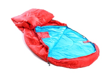 Photo of Sleeping bag on white background. Camping equipment