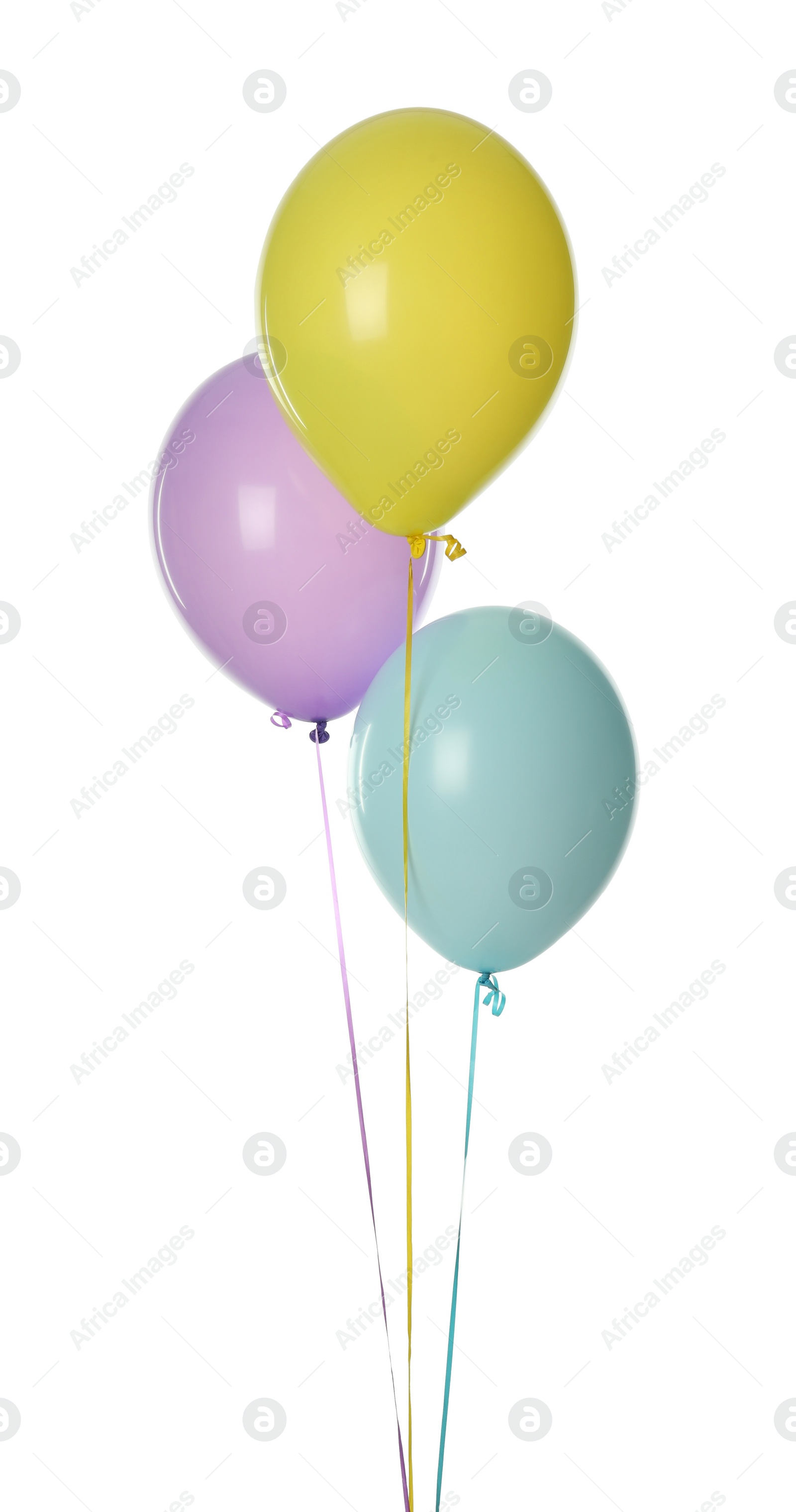 Photo of Colorful balloons with ribbons on white background