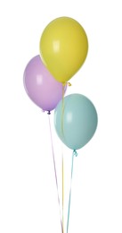 Photo of Colorful balloons with ribbons on white background