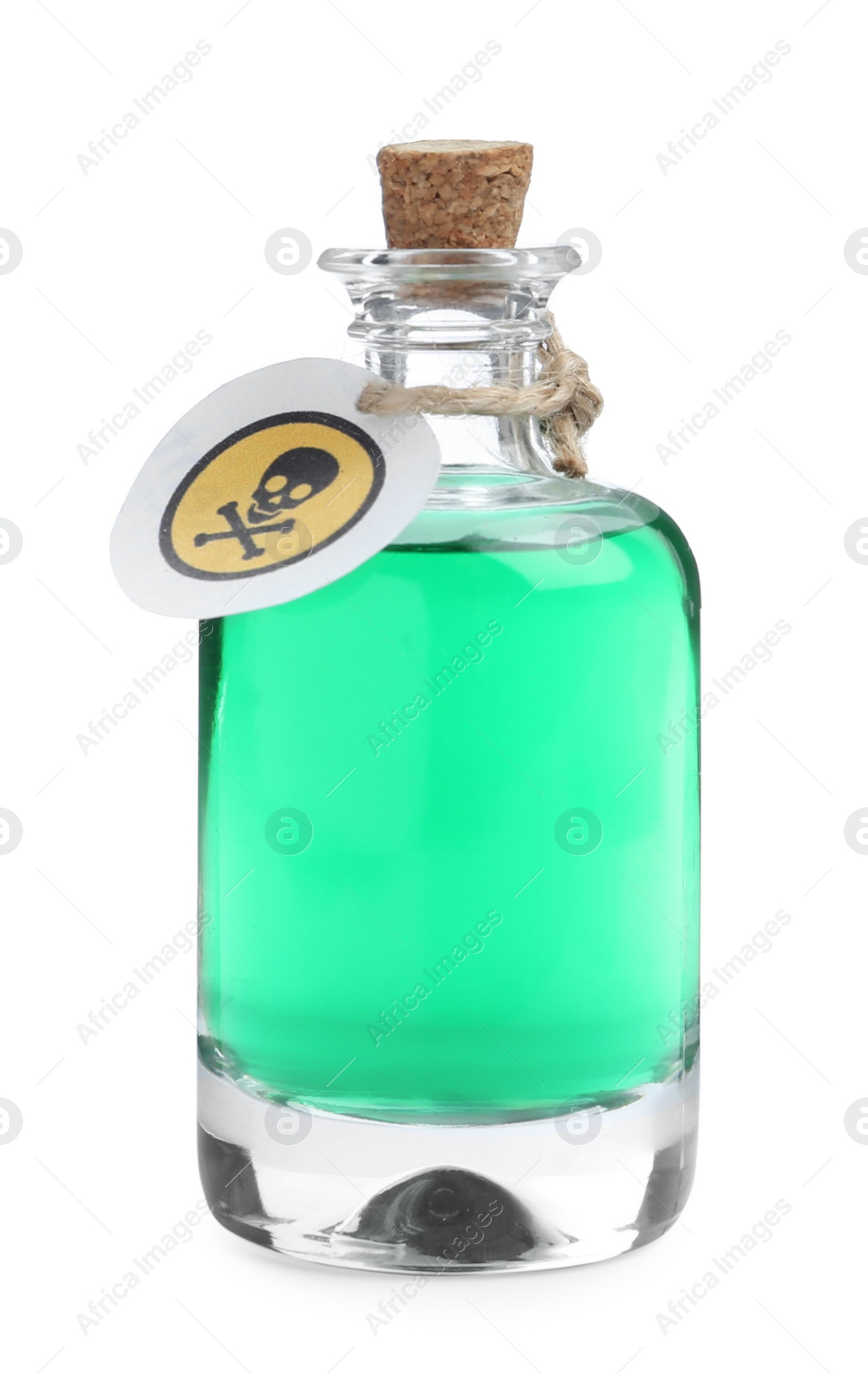 Photo of Glass bottle of poison with warning sign isolated on white