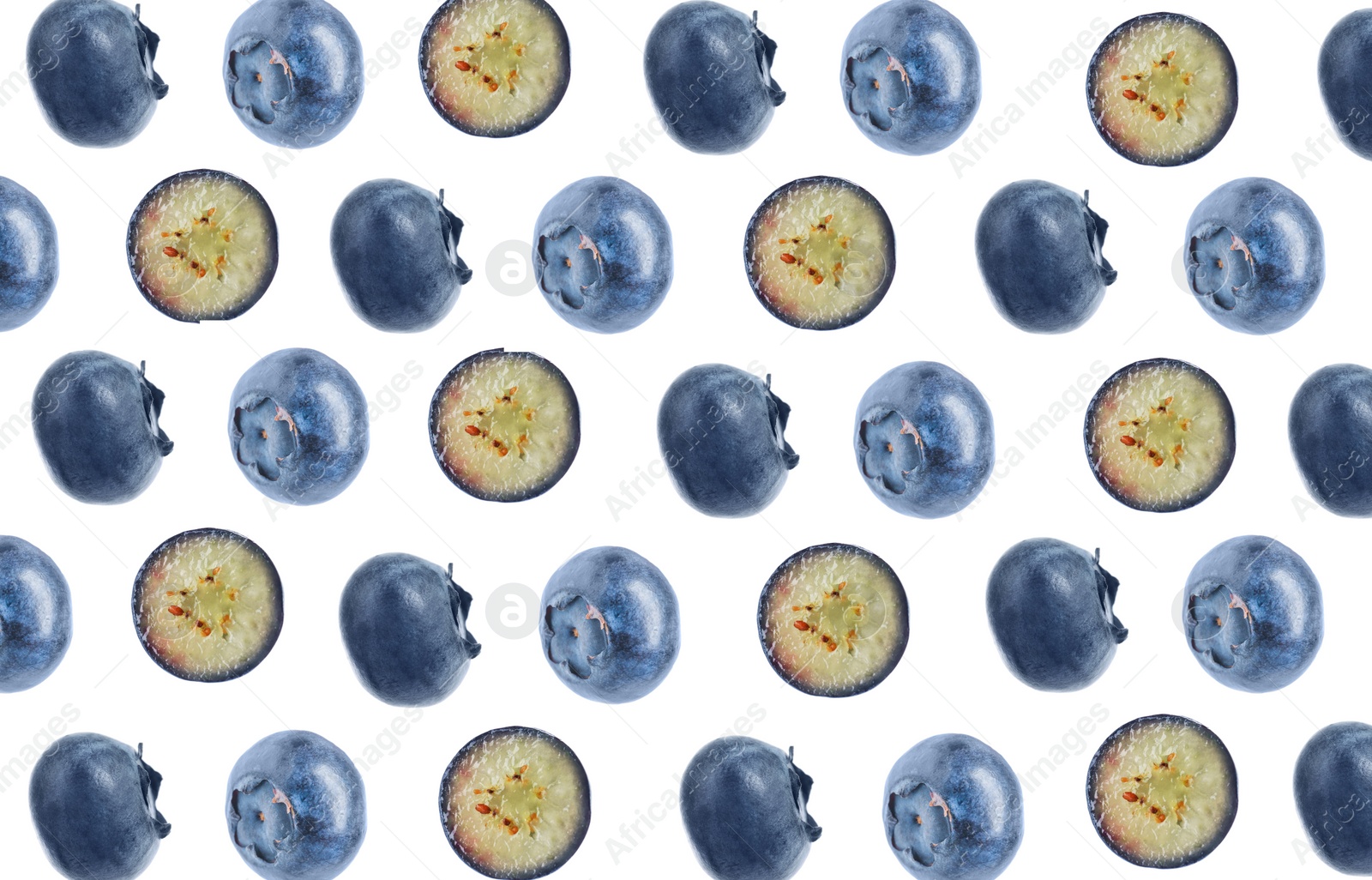 Image of Cut and whole fresh blueberries on white background