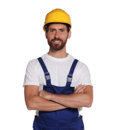 Professional builder in uniform isolated on white