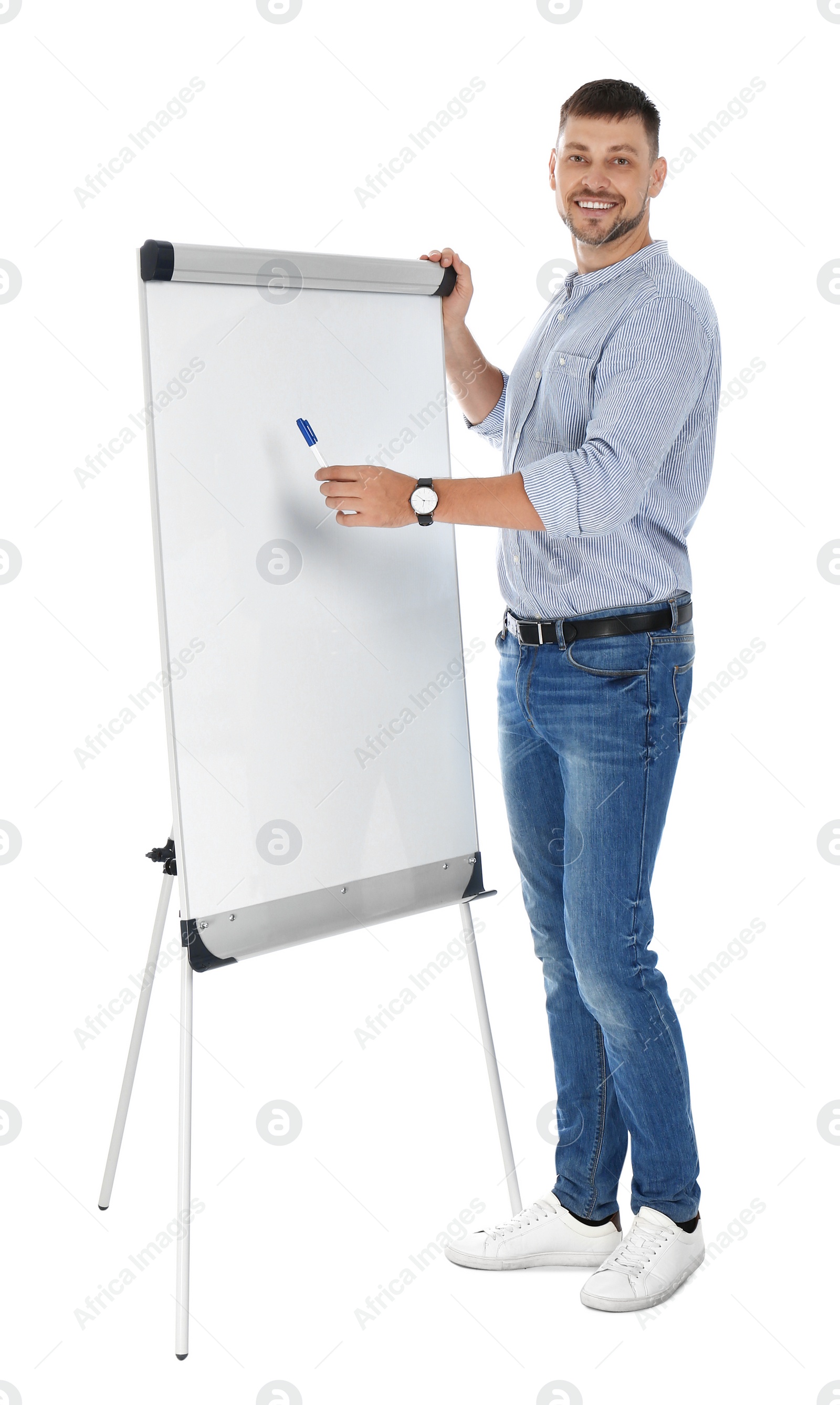 Photo of Professional business trainer near flip chart board on white background. Space for text