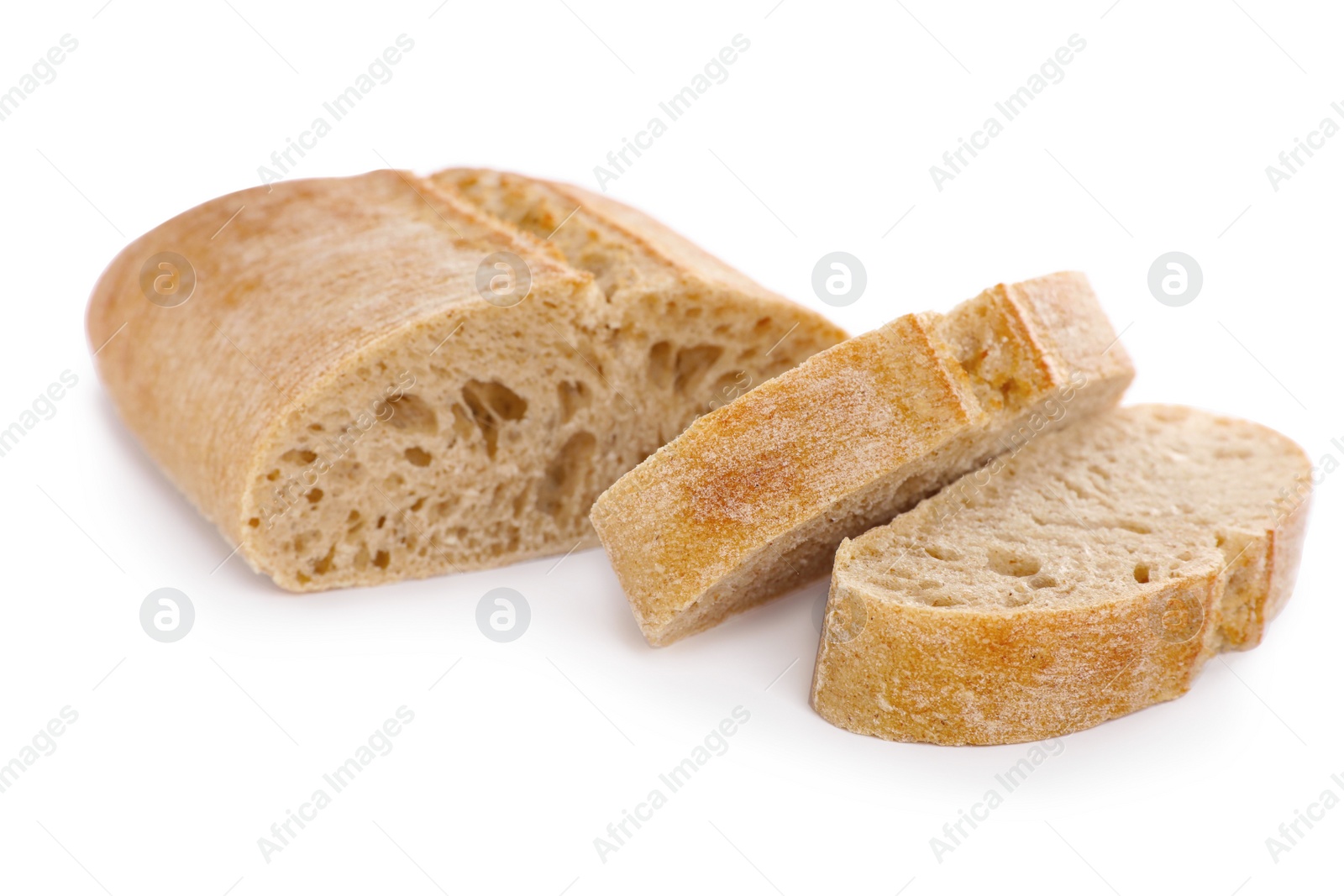 Photo of Cut ciabatta on white background. Fresh bread