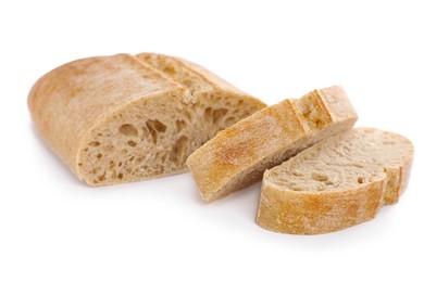 Cut ciabatta on white background. Fresh bread