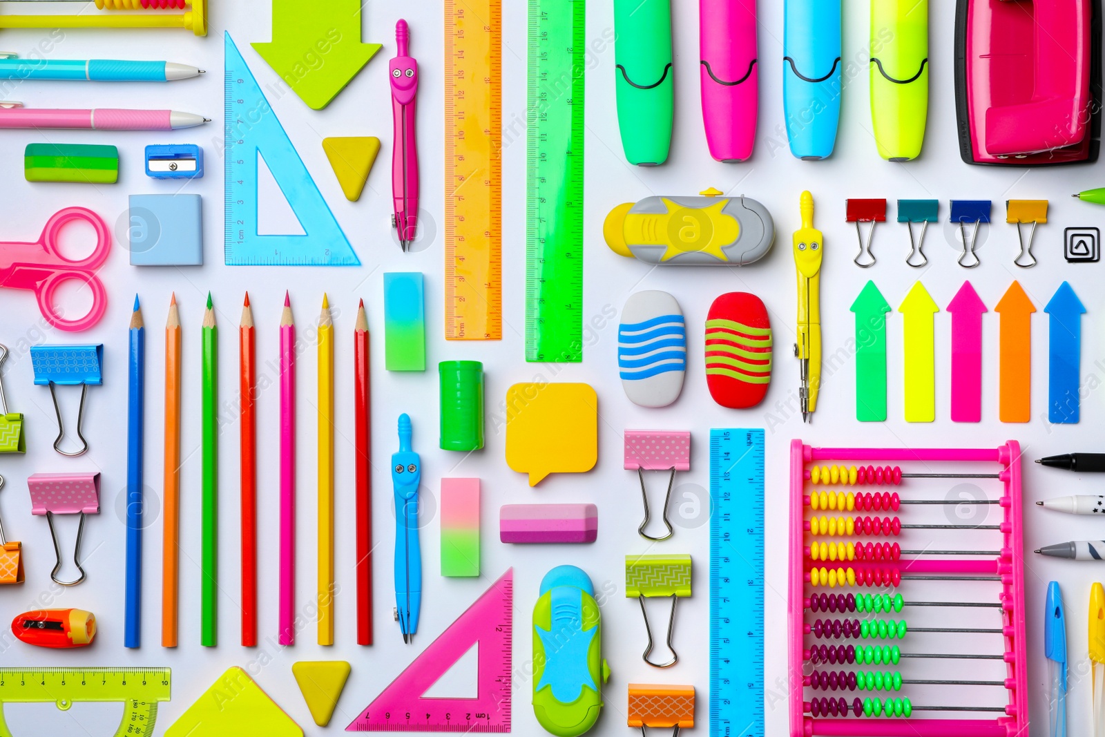 Photo of Composition with different school stationery on white background