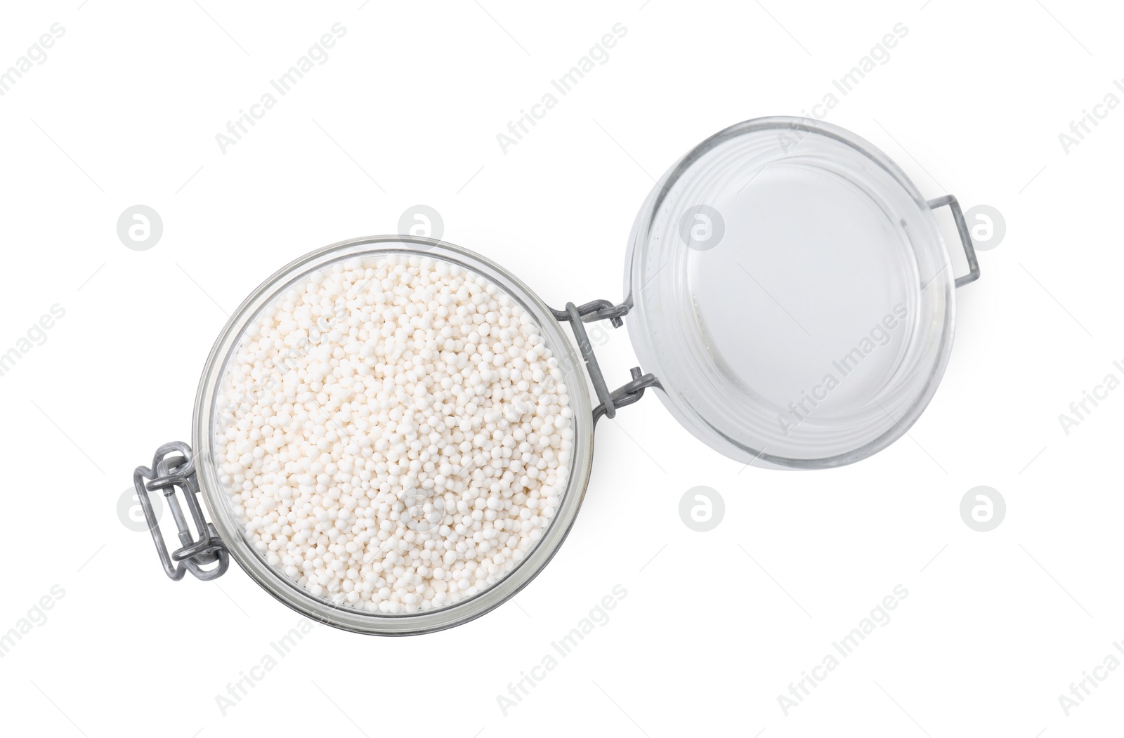 Photo of Tapioca pearls in jar isolated on white, top view