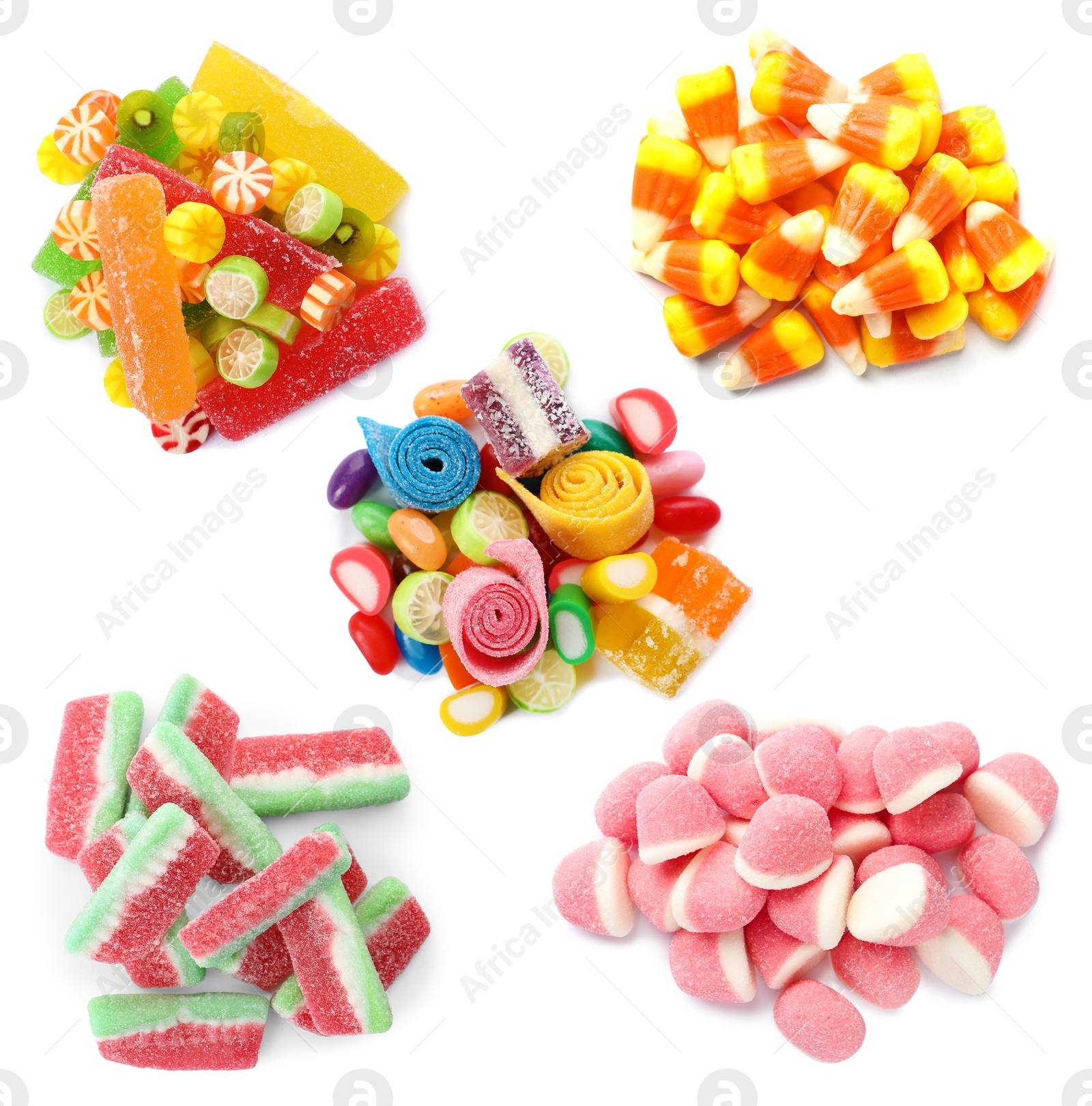 Image of Set of different jelly candies on white background