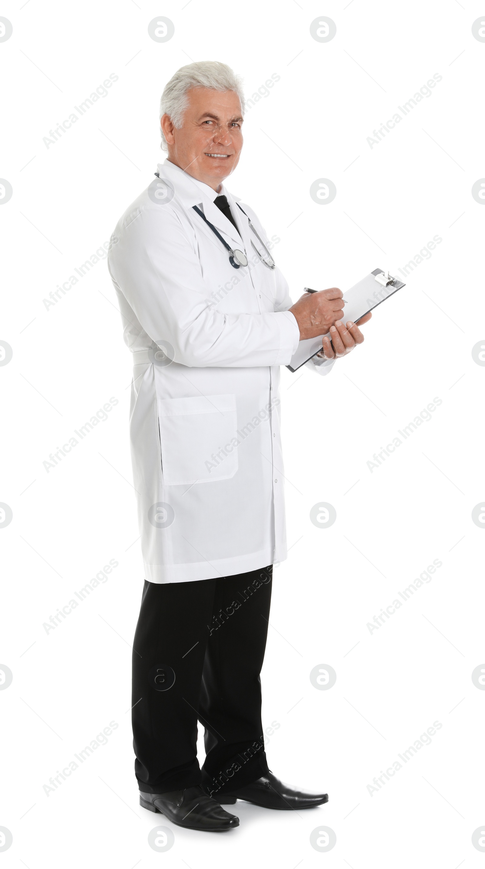 Photo of Full length portrait of male doctor with clipboard isolated on white. Medical staff