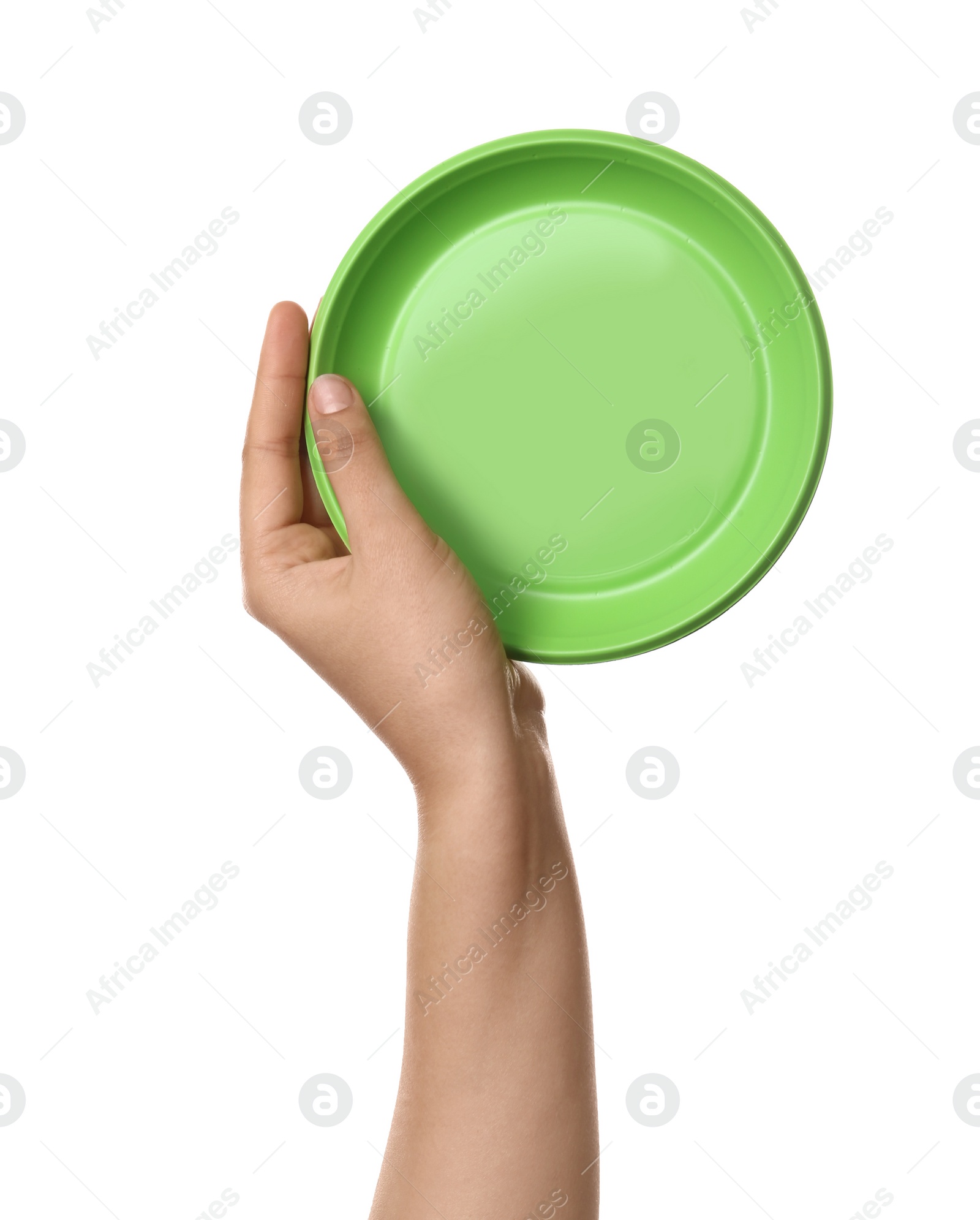 Photo of Woman holding plastic plate on white background, closeup