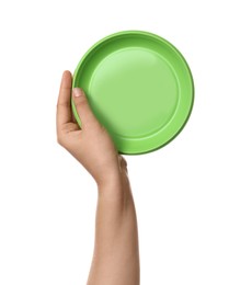 Photo of Woman holding plastic plate on white background, closeup