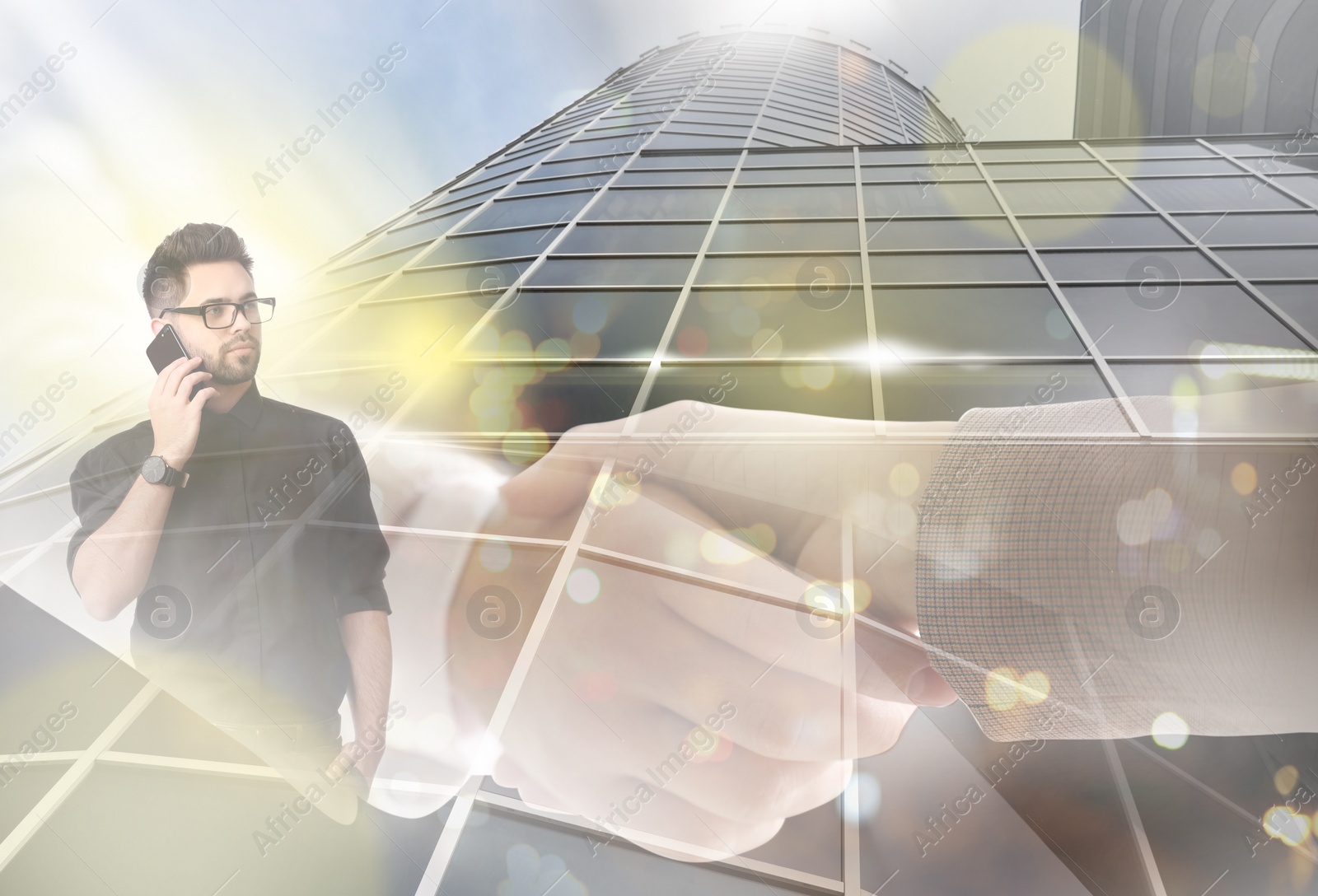 Image of Multiple exposure of businessman with smartphone, partners shaking hands and cityscape