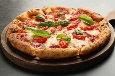 Delicious Margherita pizza on grey table, closeup