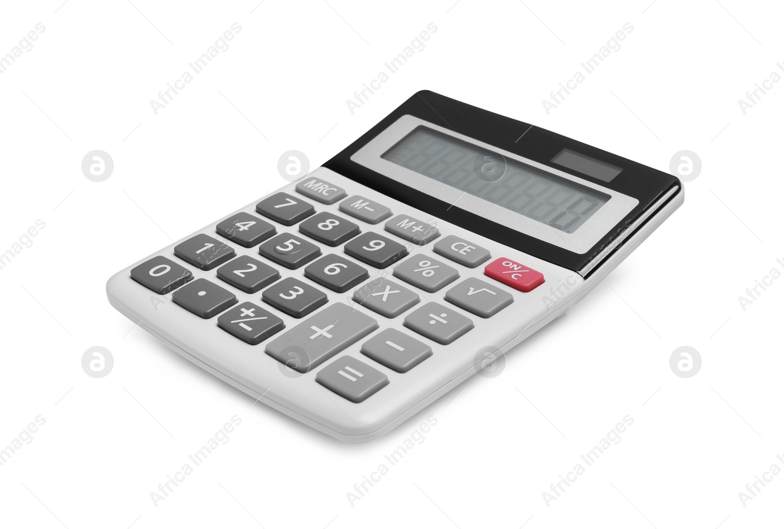 Photo of Modern calculator isolated on white. Office stationery