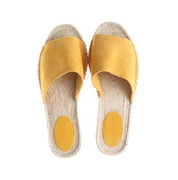 Photo of Slide shoes on white background, top view. Beach accessory