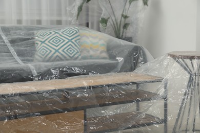 Photo of Modern furniture and houseplant covered with plastic film at home