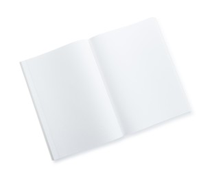 Photo of Open blank paper brochure isolated on white, top view. Mockup for design