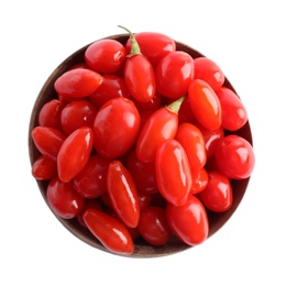 Photo of Fresh ripe goji berries in wooden bowl on white background, top view