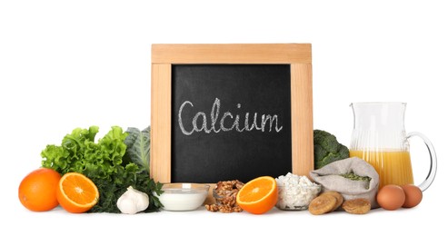 Set of natural food high in calcium on white background