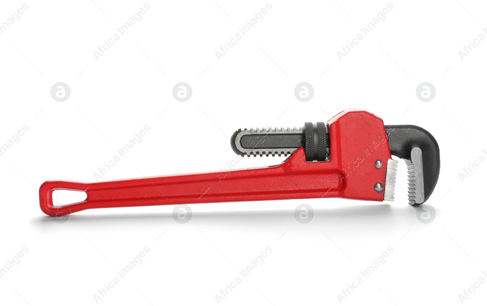 Photo of New pipe wrench on white background. Plumber's tool