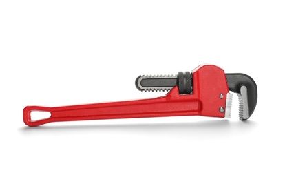Photo of New pipe wrench on white background. Plumber's tool