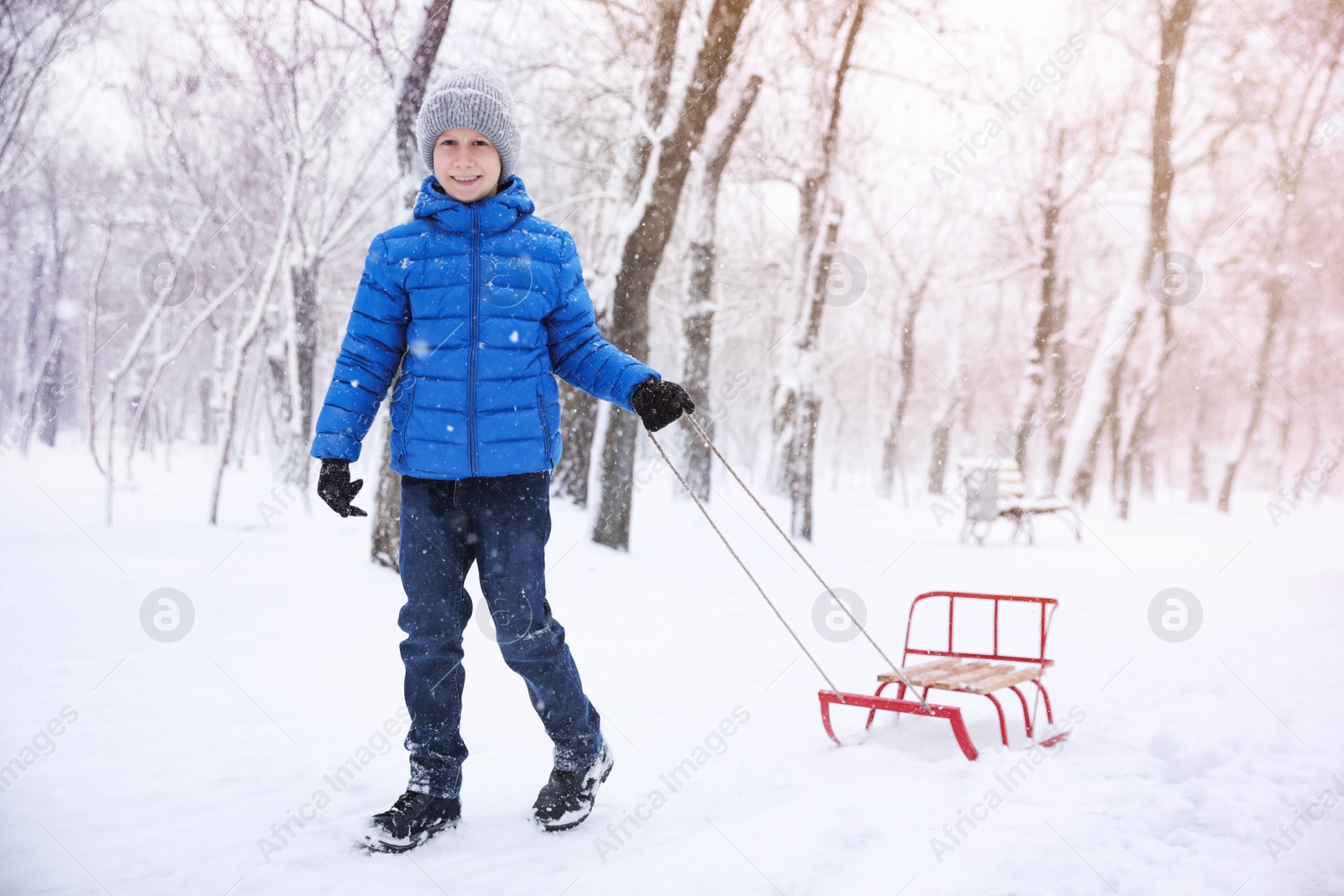 Photo of Cute little boy with sleigh outdoors on winter day