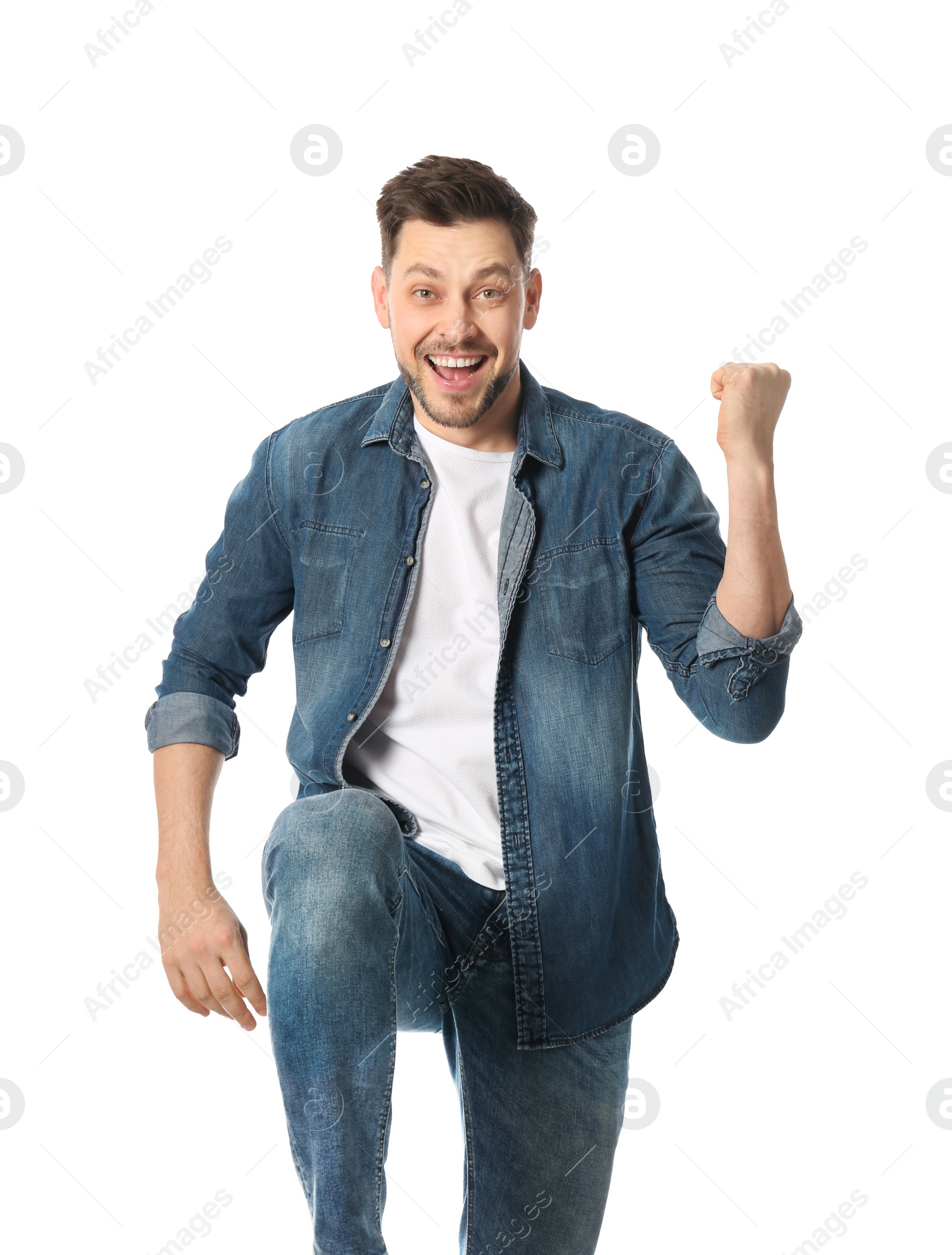 Photo of Portrait of emotional handsome man on white background