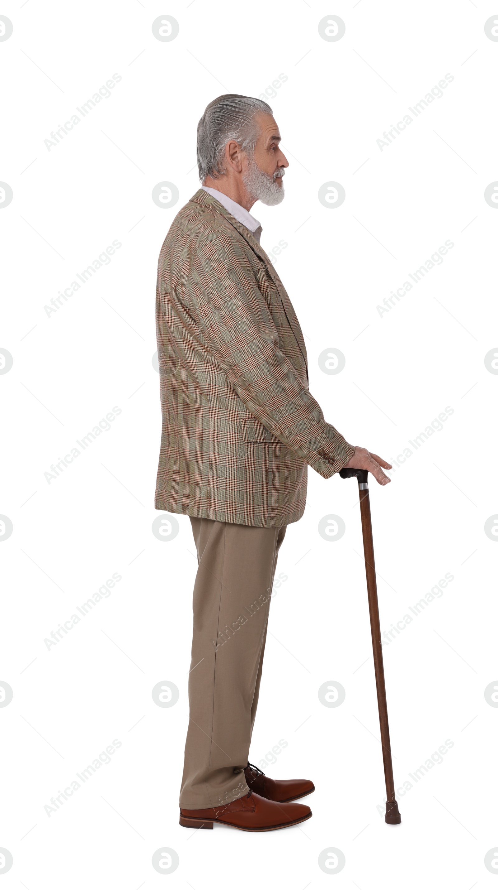 Photo of Senior man with walking cane on white background