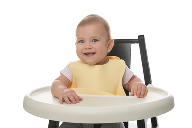 Photo of Cute little baby wearing bib in highchair on white background