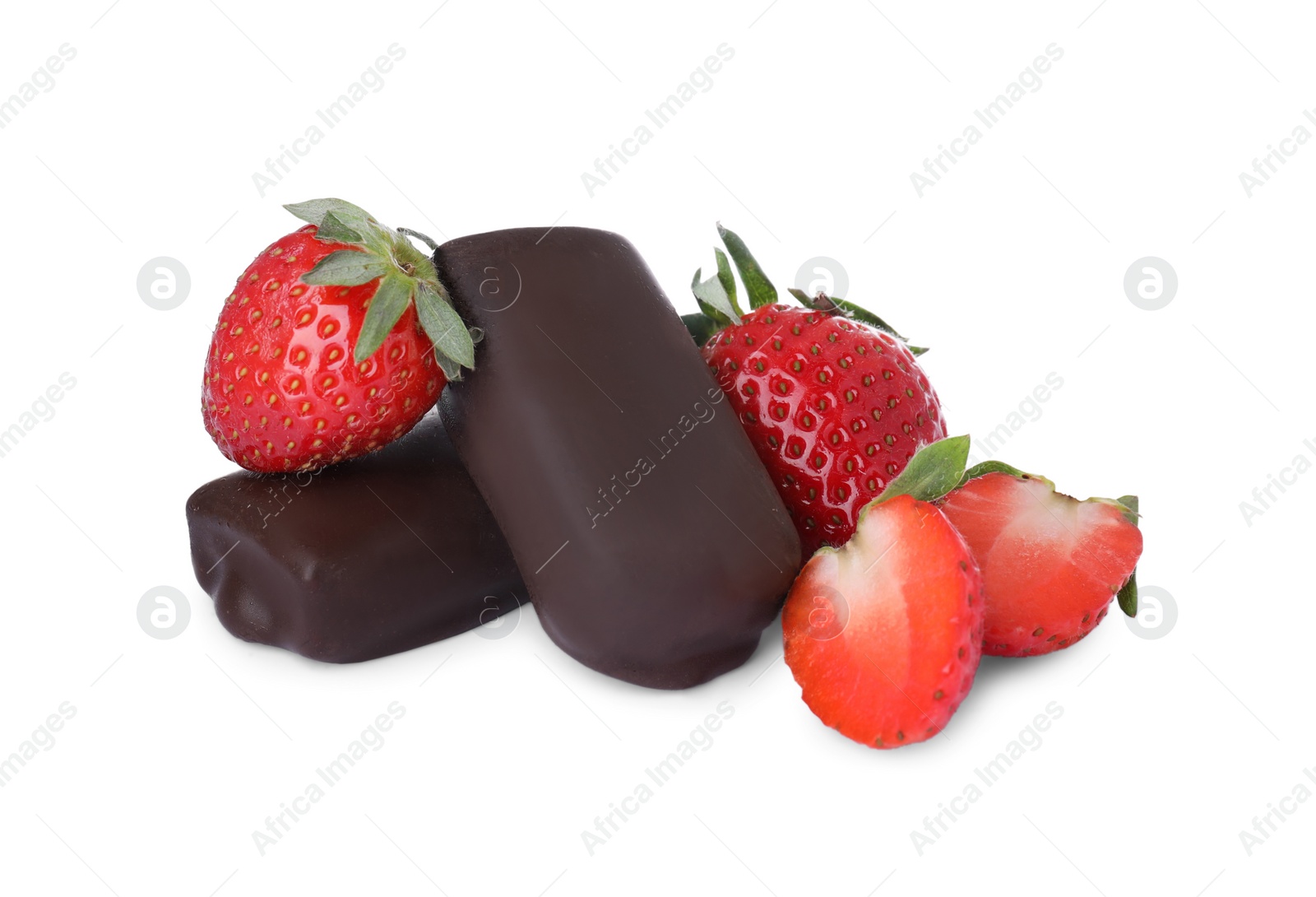 Photo of Delicious glazed curd snacks and fresh strawberries isolated on white
