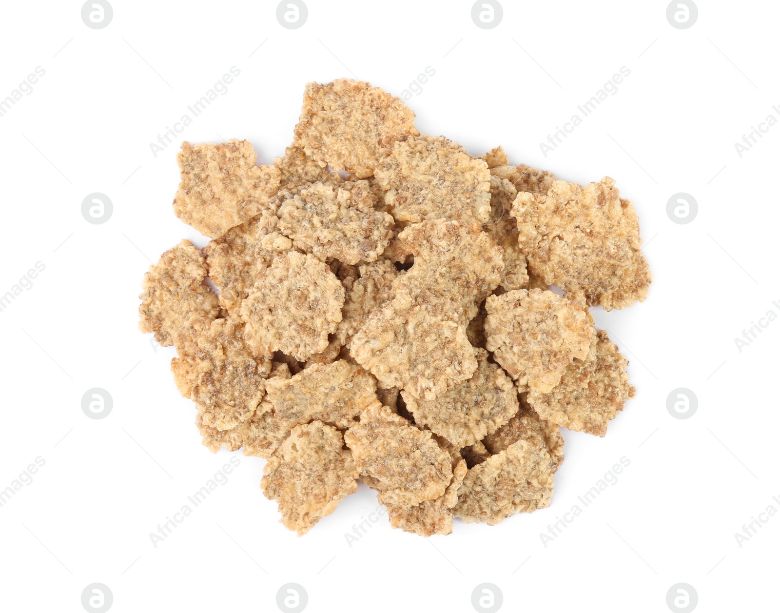 Photo of Pile of bran flakes on white background, top view. Healthy breakfast cereal