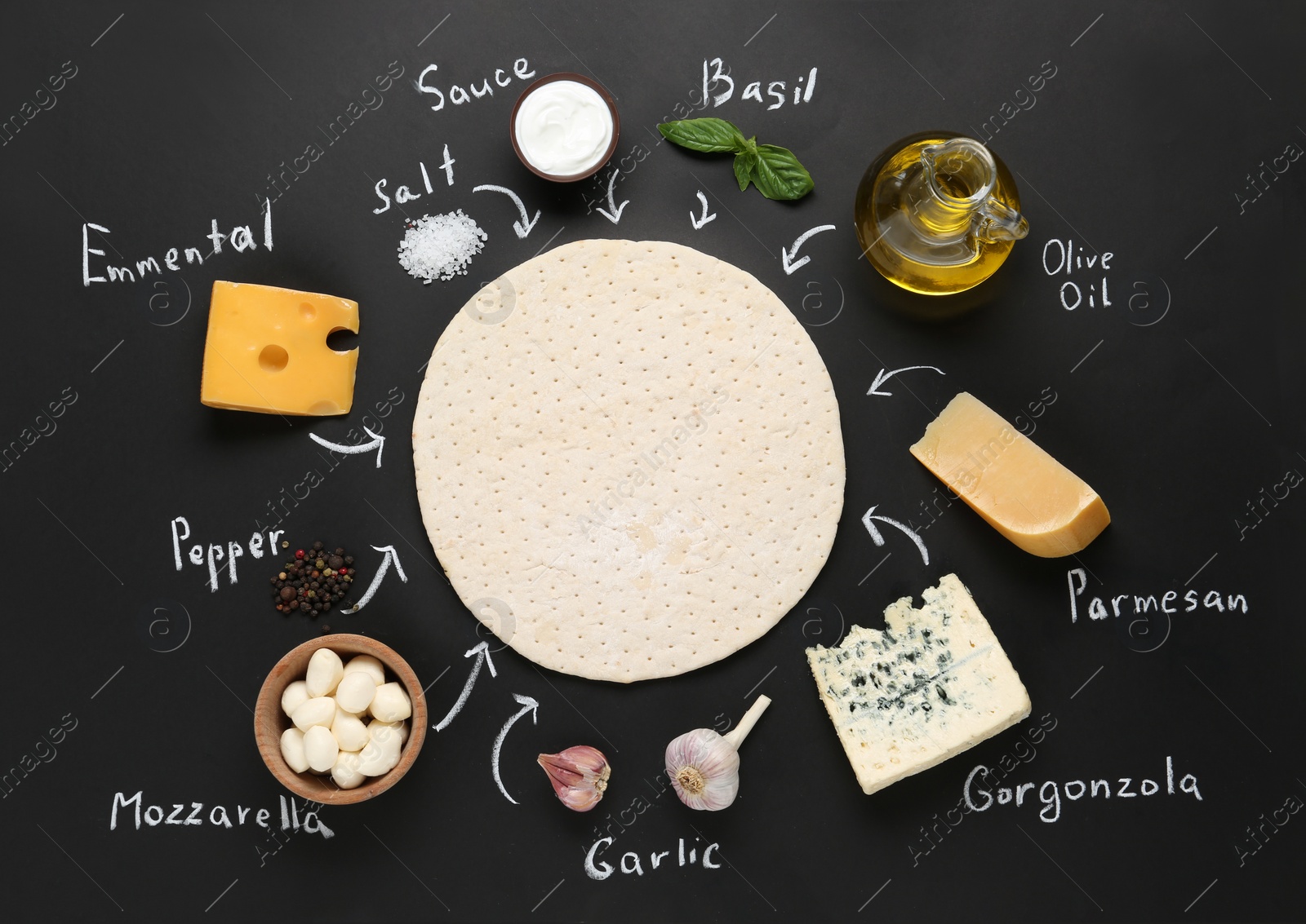 Photo of Pizza crust, ingredients and chalk written product's names on black background, flat lay