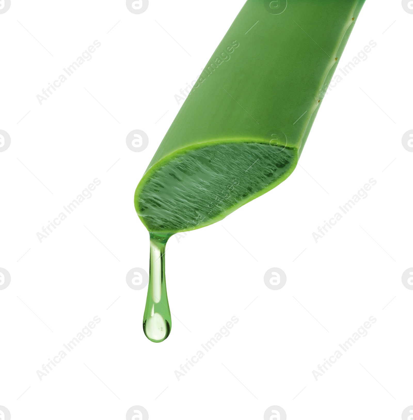 Image of Aloe vera gel flowing down from green leaf on white background
