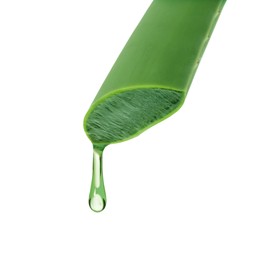Aloe vera gel flowing down from green leaf on white background
