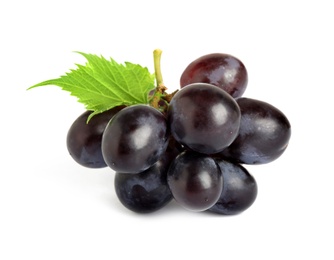 Photo of Fresh ripe juicy dark blue grapes with leaf isolated on white