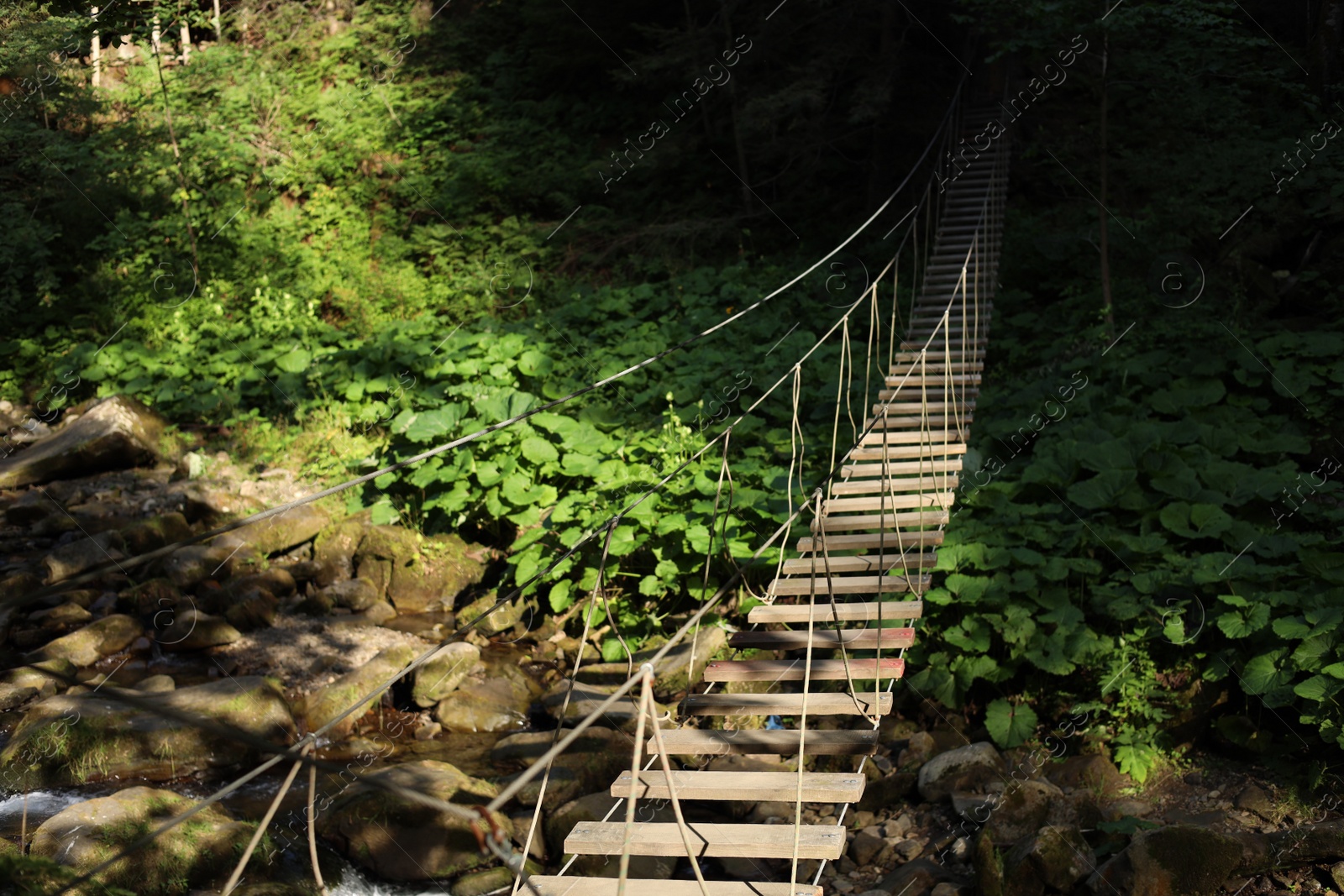 Photo of Wooden suspension bridge over mountain river on sunny day