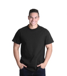 Young man in black t-shirt on white background. Mockup for design