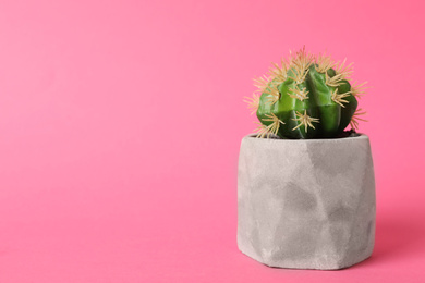 Photo of Beautiful artificial plant in flower pot on pink background, space for text