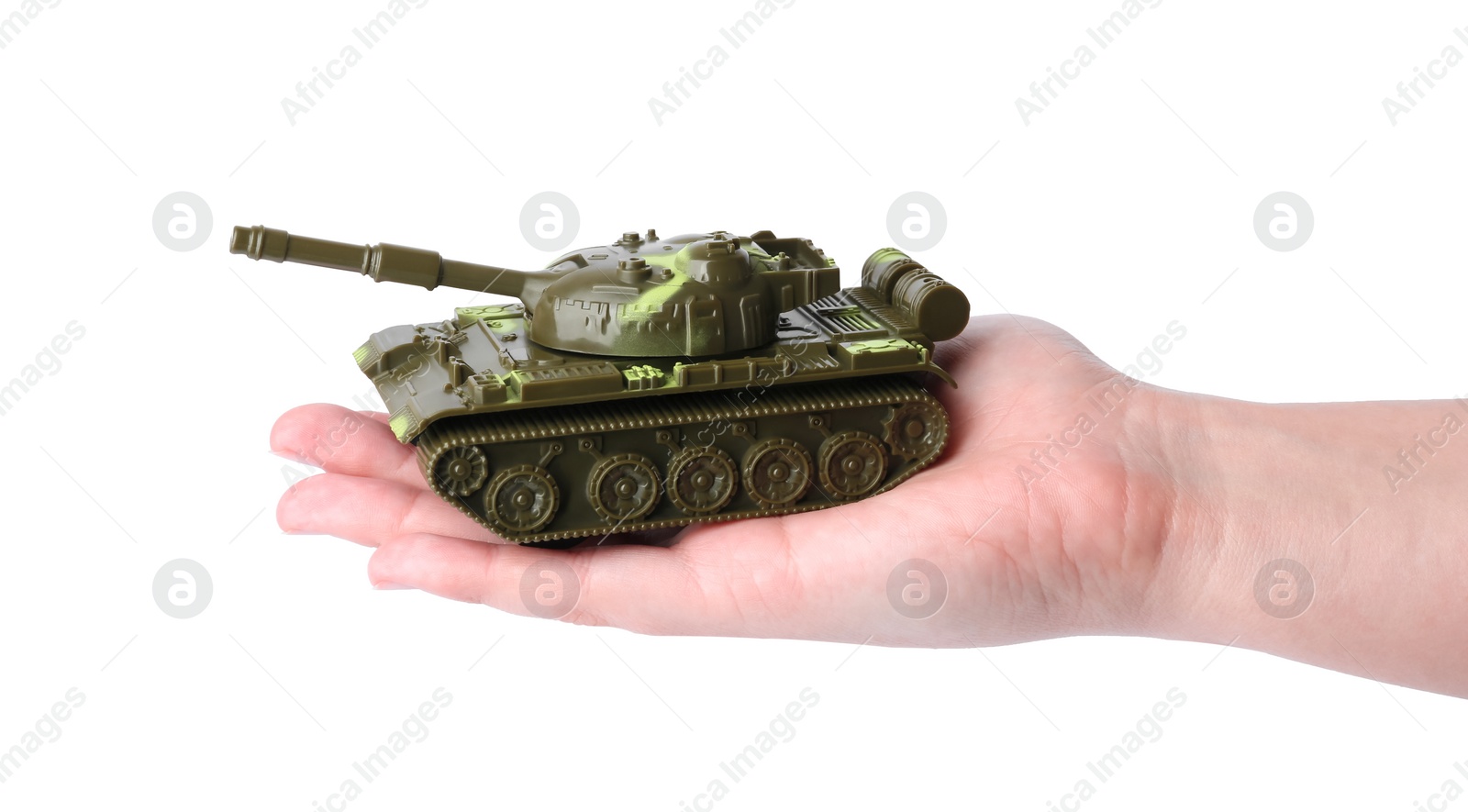 Photo of Man with toy tank on white background, closeup