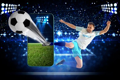 Image of Sports betting. Soccer ball, kicked by football player, bursting out from smartphone against stadium and field