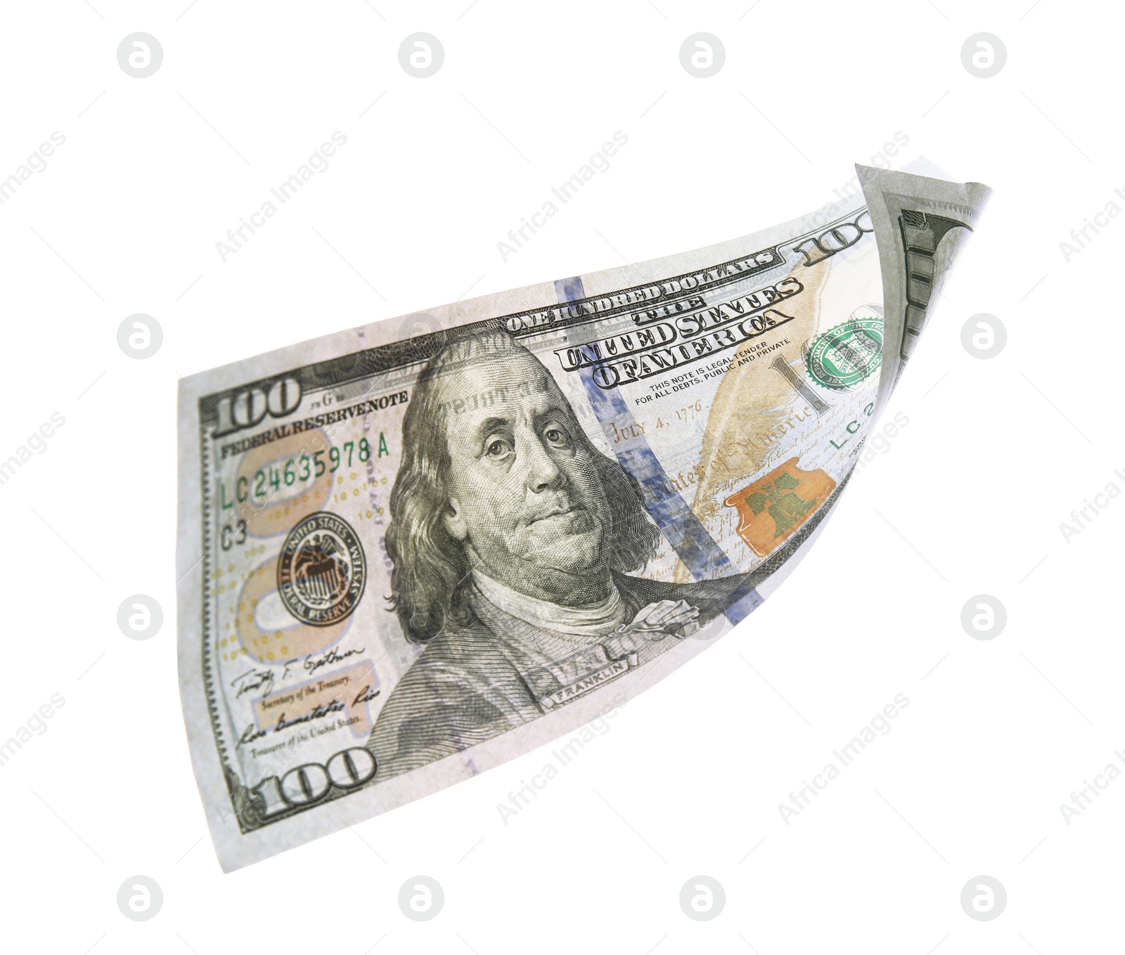 Photo of One hundred dollar banknote on white background. American national currency