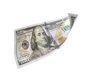 Photo of One hundred dollar banknote on white background. American national currency