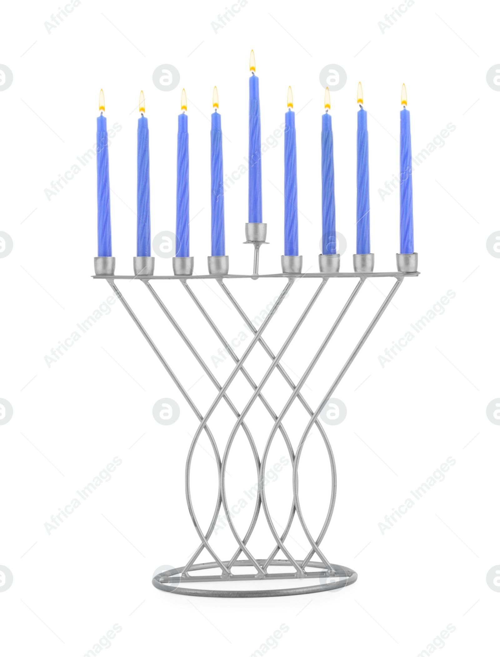 Photo of Hanukkah celebration. Menorah with blue candles isolated on white