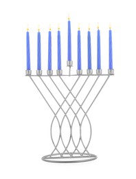 Photo of Hanukkah celebration. Menorah with blue candles isolated on white