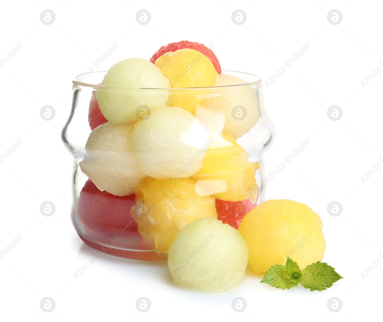 Photo of Glass dish of melon and watermelon balls with mint on white background