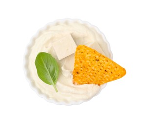 Delicious tofu sauce served with nachos chip isolated on white, top view