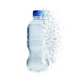Bottle of water vanishing on white background. Plastic decomposition