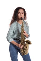 Beautiful African American woman playing saxophone on white background