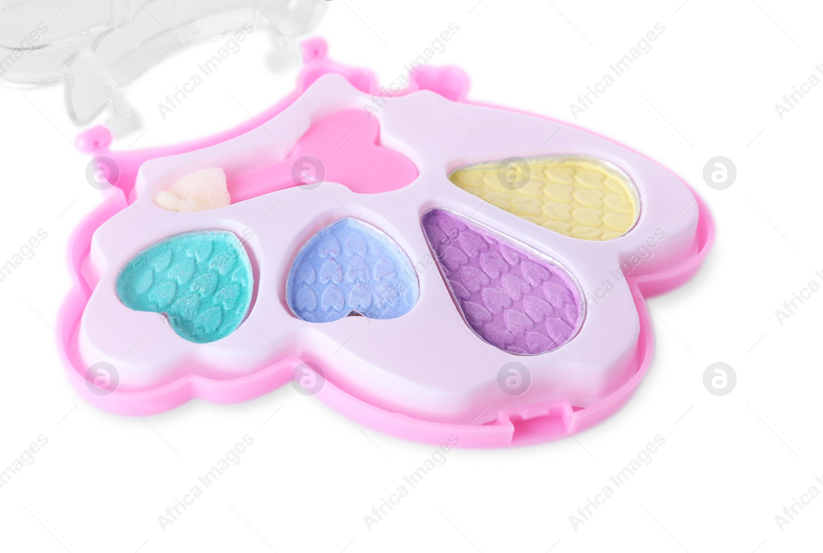 Photo of Children's eye shadow palette with brush on white background, closeup