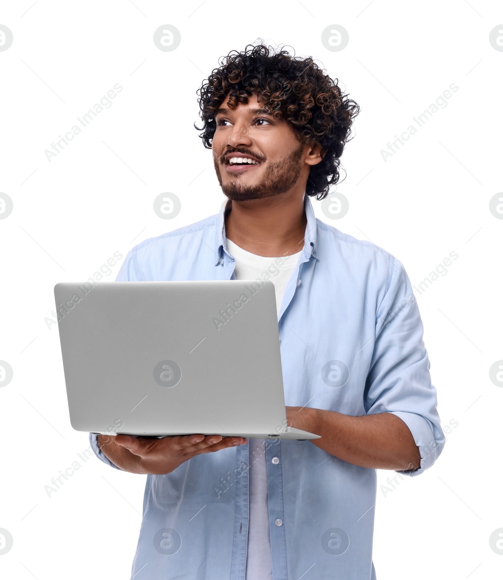 Photo of Smiling man with laptop on white background